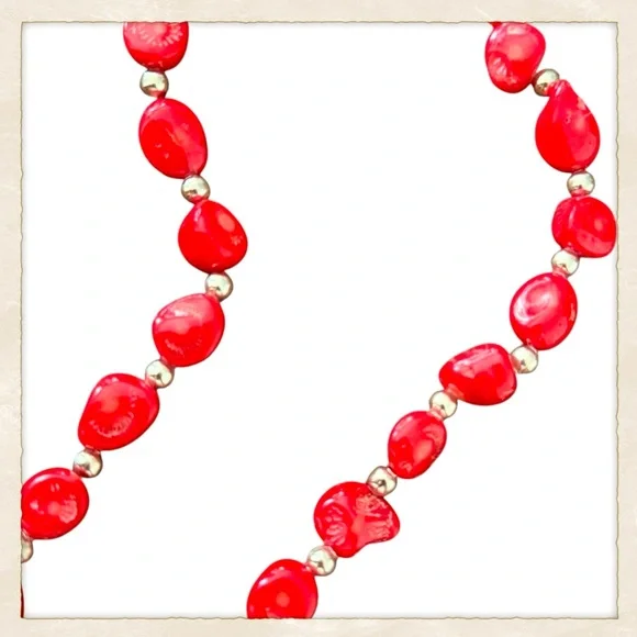 Vintage Textured Red Coral  Colored Glass Beaded Necklace w/ Silver Detail, 18” - Picture 4 of 7